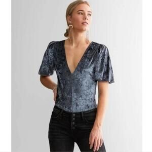 Free People Don't You Wish Velvet Bodysuit V-neck Blue Size Medium Sz M